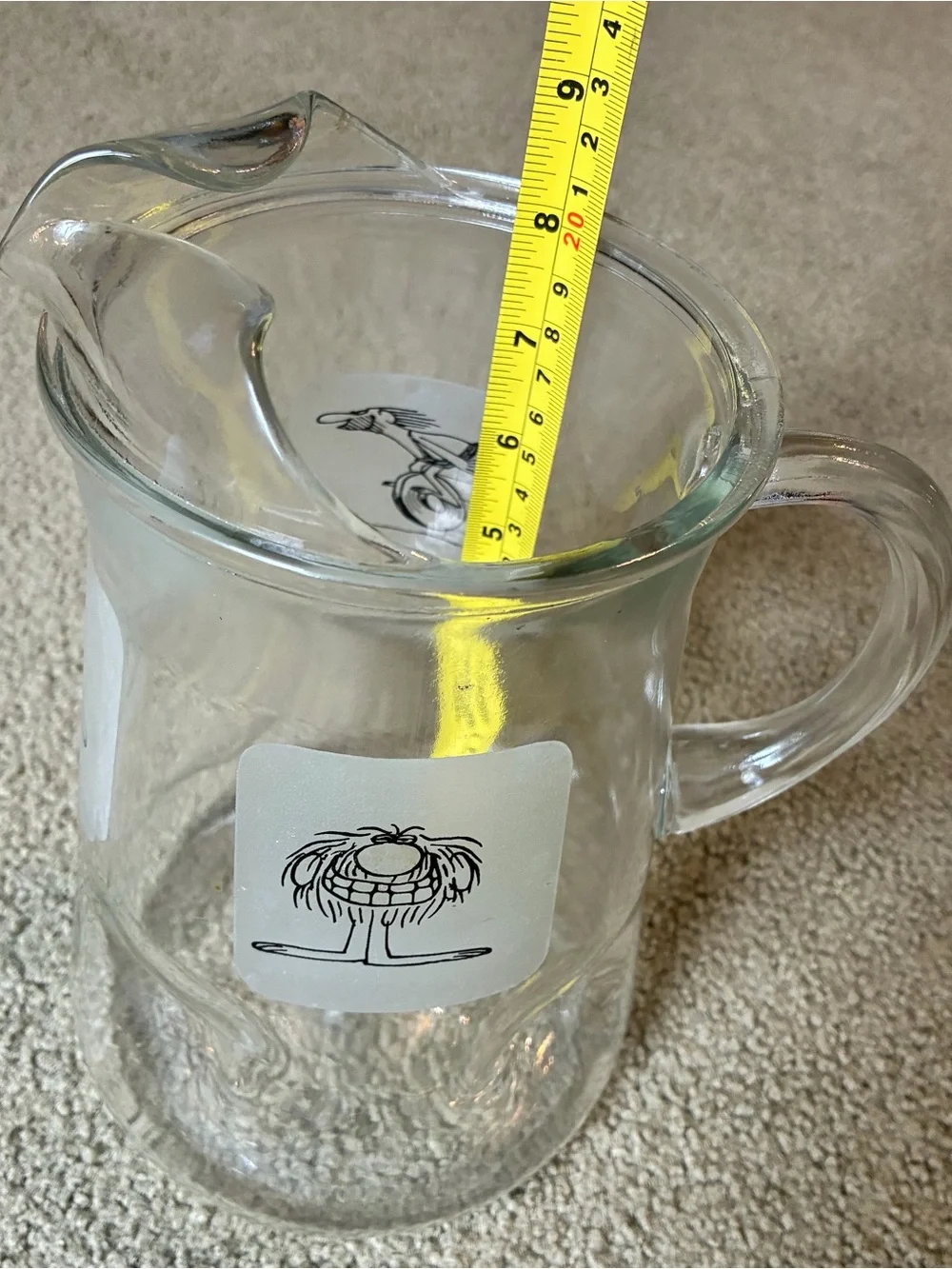 B C Comics Johnny Hart Grog 64 OZ Pitcher Dimpled Bottom Clear Glass 1970s